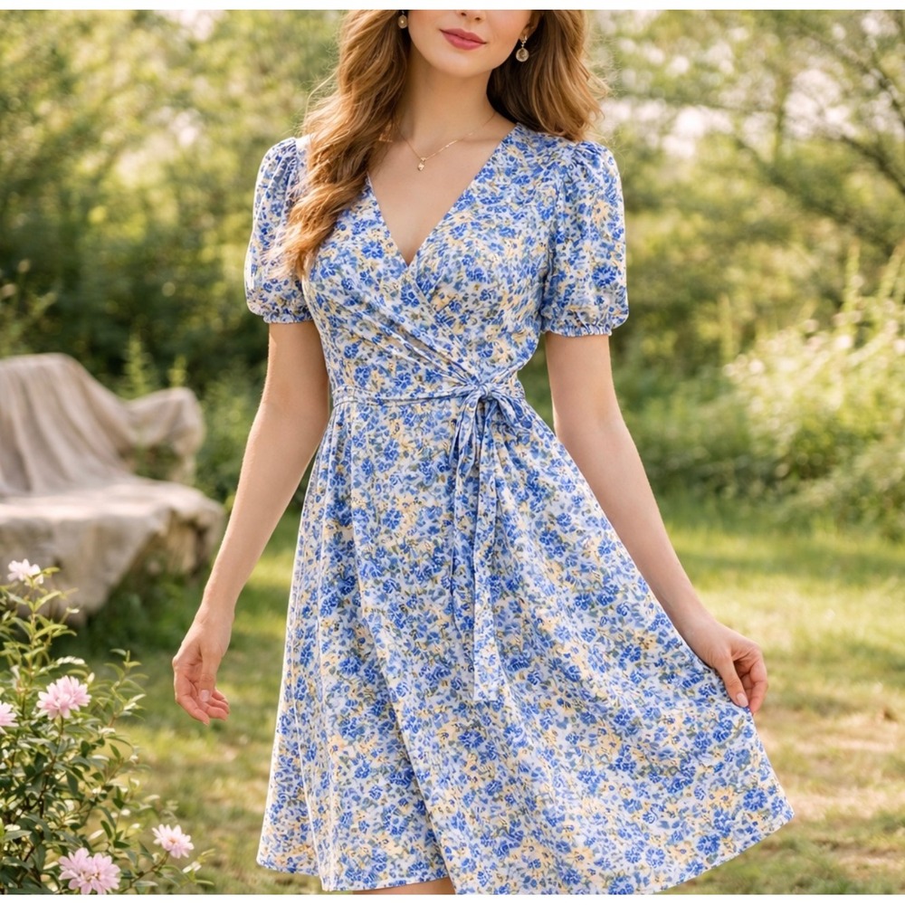 DAZY Blue Floral Wrap Dress Short Puff Sleeve V-Neck‎ Cottagecore Mini Size M